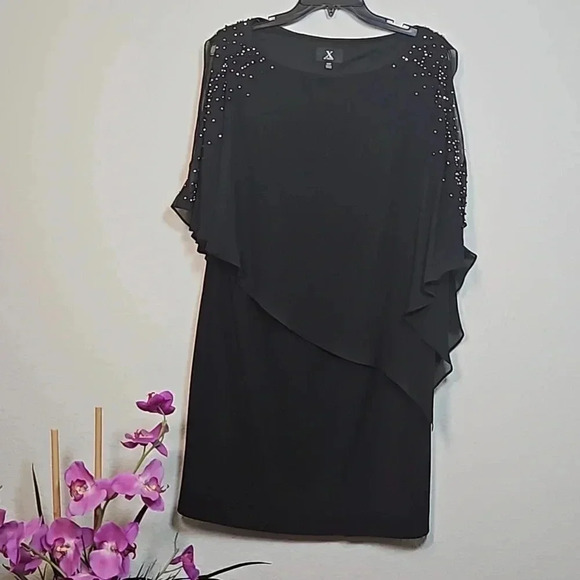 NWOT X by XSCAPE Capelet Sheath Dress Bead Embellished Black Size 16P - Picture 3 of 8